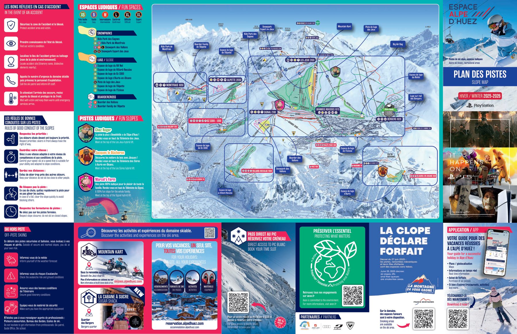 Mapa oficial de pistas de Alpe d'Huez para la temporada 2025/26, con todas las pistas, remontes y sectores