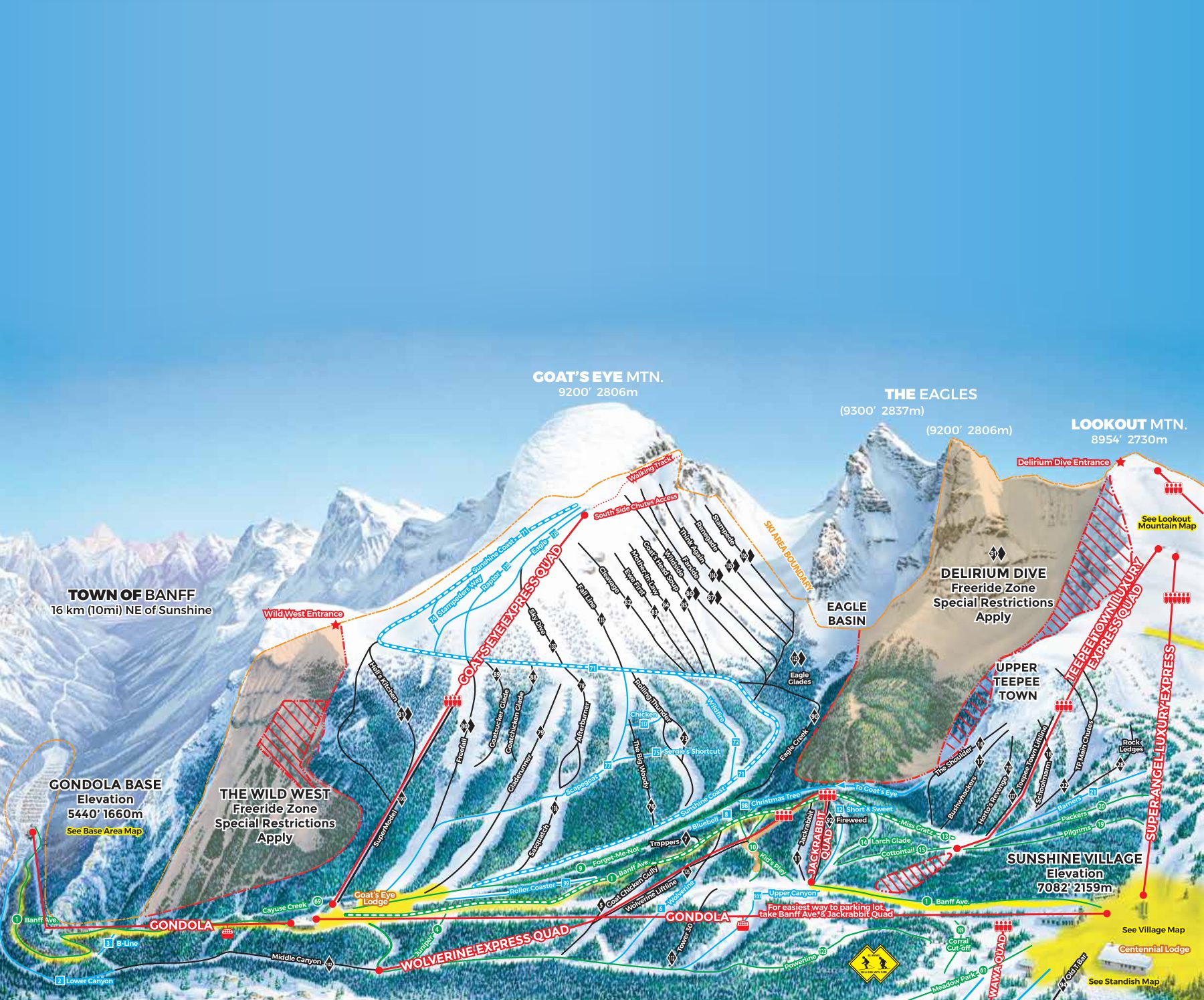Official Banff Sunshine trail map for the 2025/26 season, showing all trails, lifts and sectors