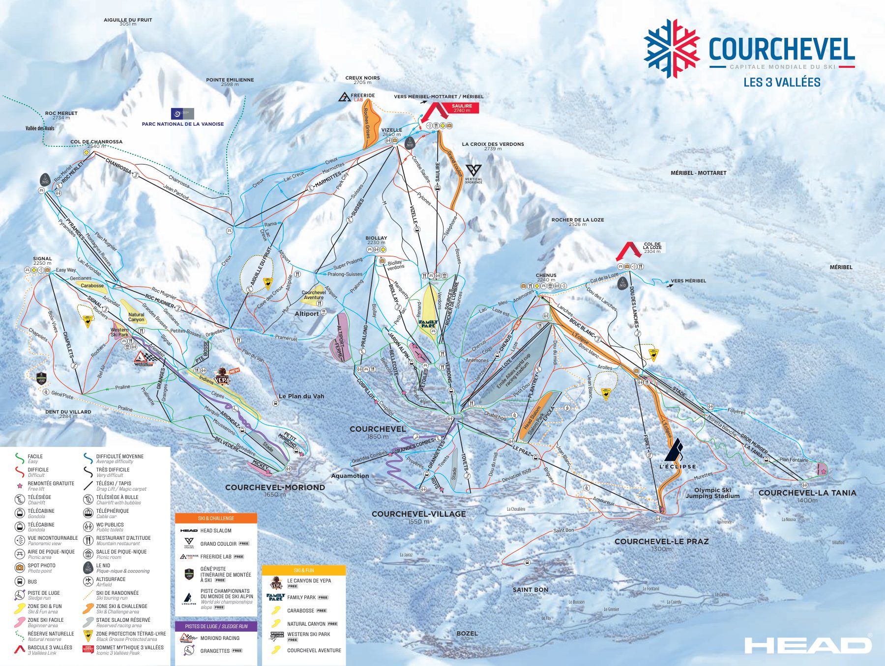 Offizieller Pistenplan Courchevel mit allen Pisten, Liften und Sektoren