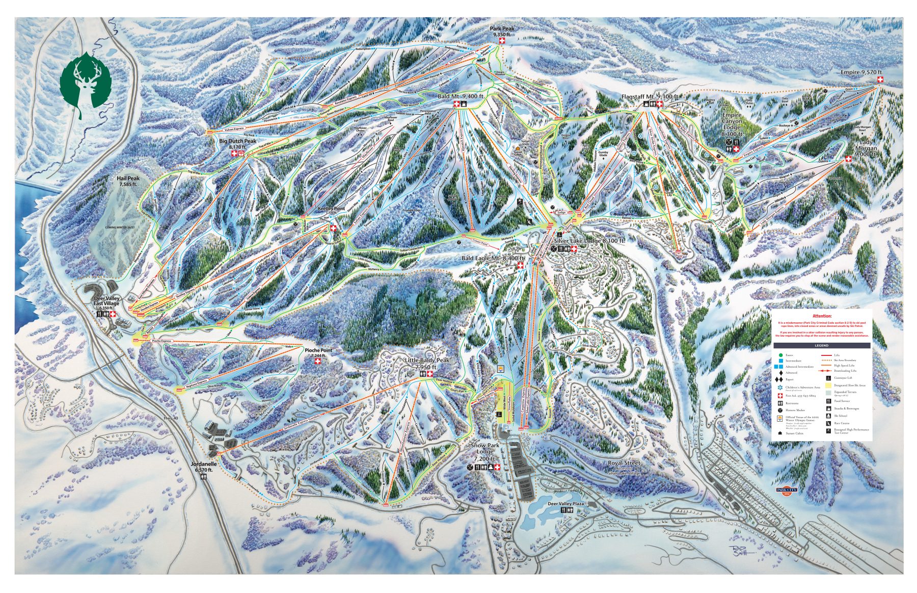 Plan officiel des pistes de Deer Valley pour la saison 2025/26, avec toutes les pistes, remontées et secteurs