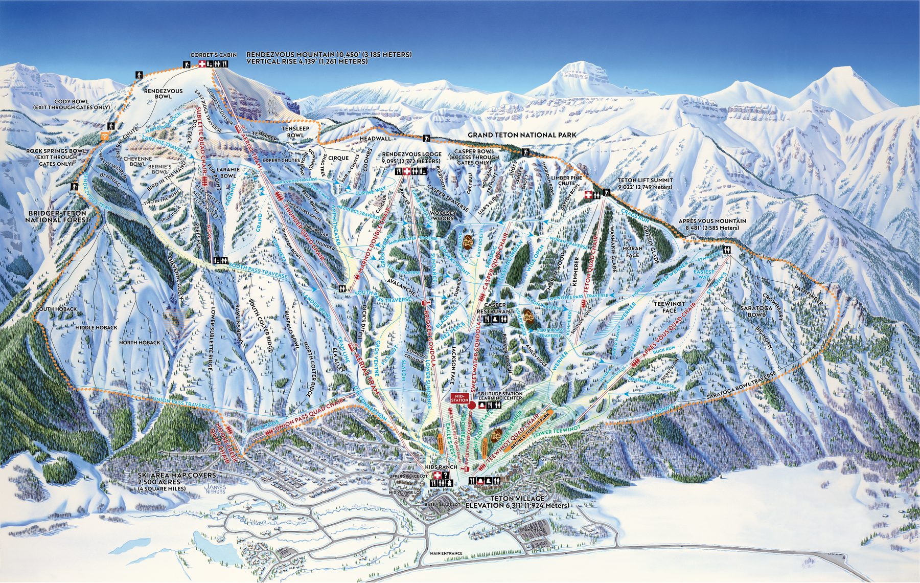 Offizieller Pistenplan Jackson Hole für die Saison 2025/26 mit allen Pisten, Liften und Sektoren