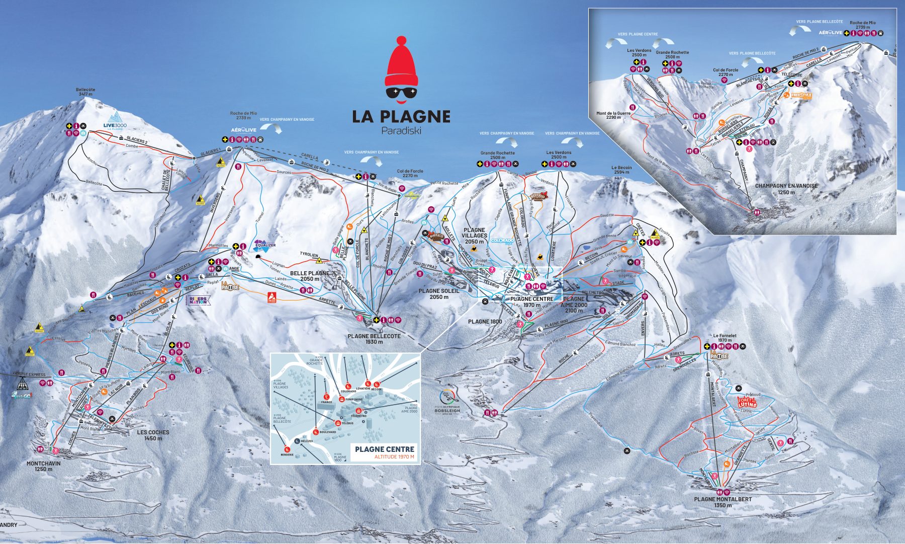 Mapa oficial de pistas de La Plagne para la temporada 2025/26, con todas las pistas, remontes y sectores