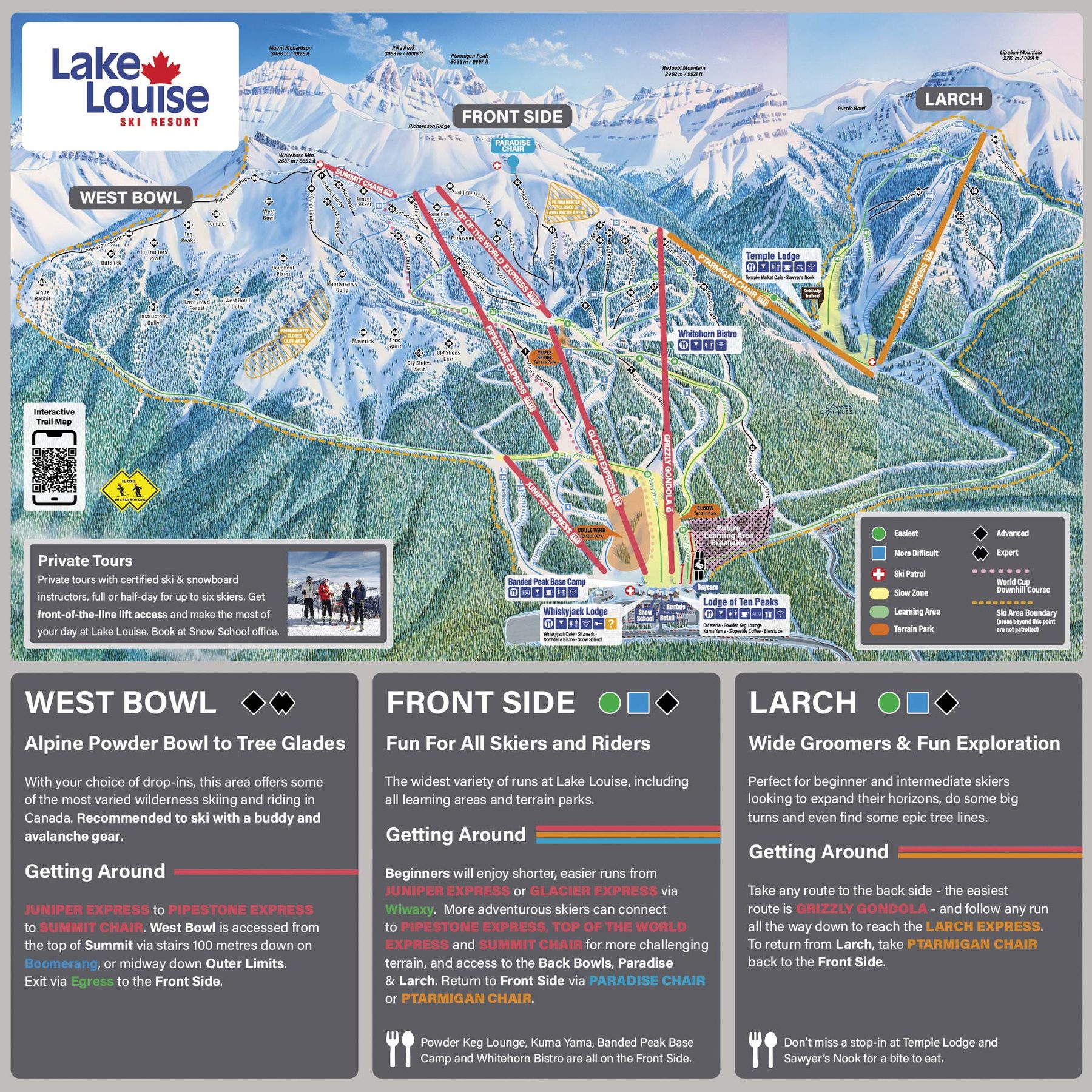Offizieller Pistenplan Lake Louise für die Saison 2025/26 mit allen Pisten, Liften und Sektoren
