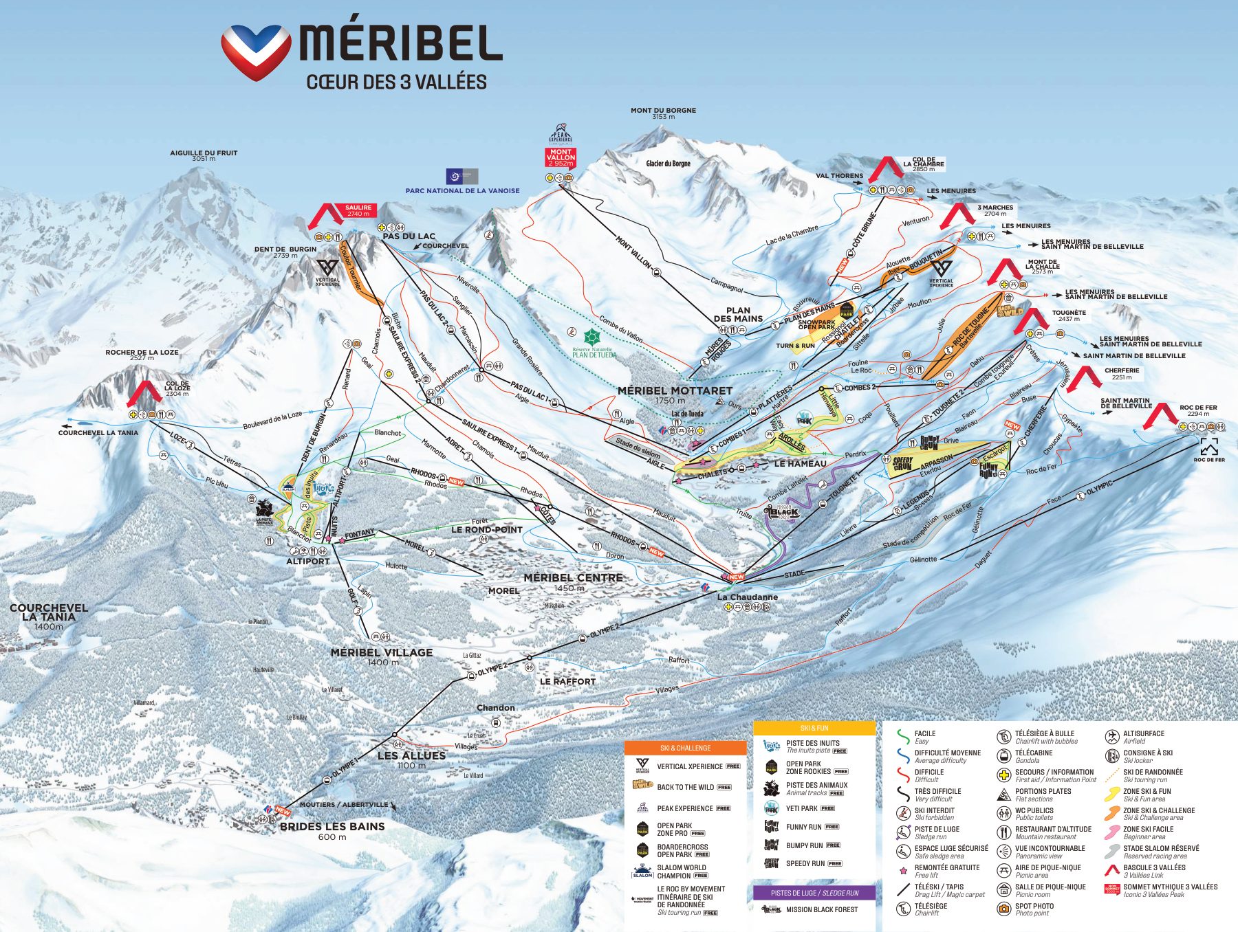 Plan officiel des pistes de Méribel, avec toutes les pistes, remontées et secteurs