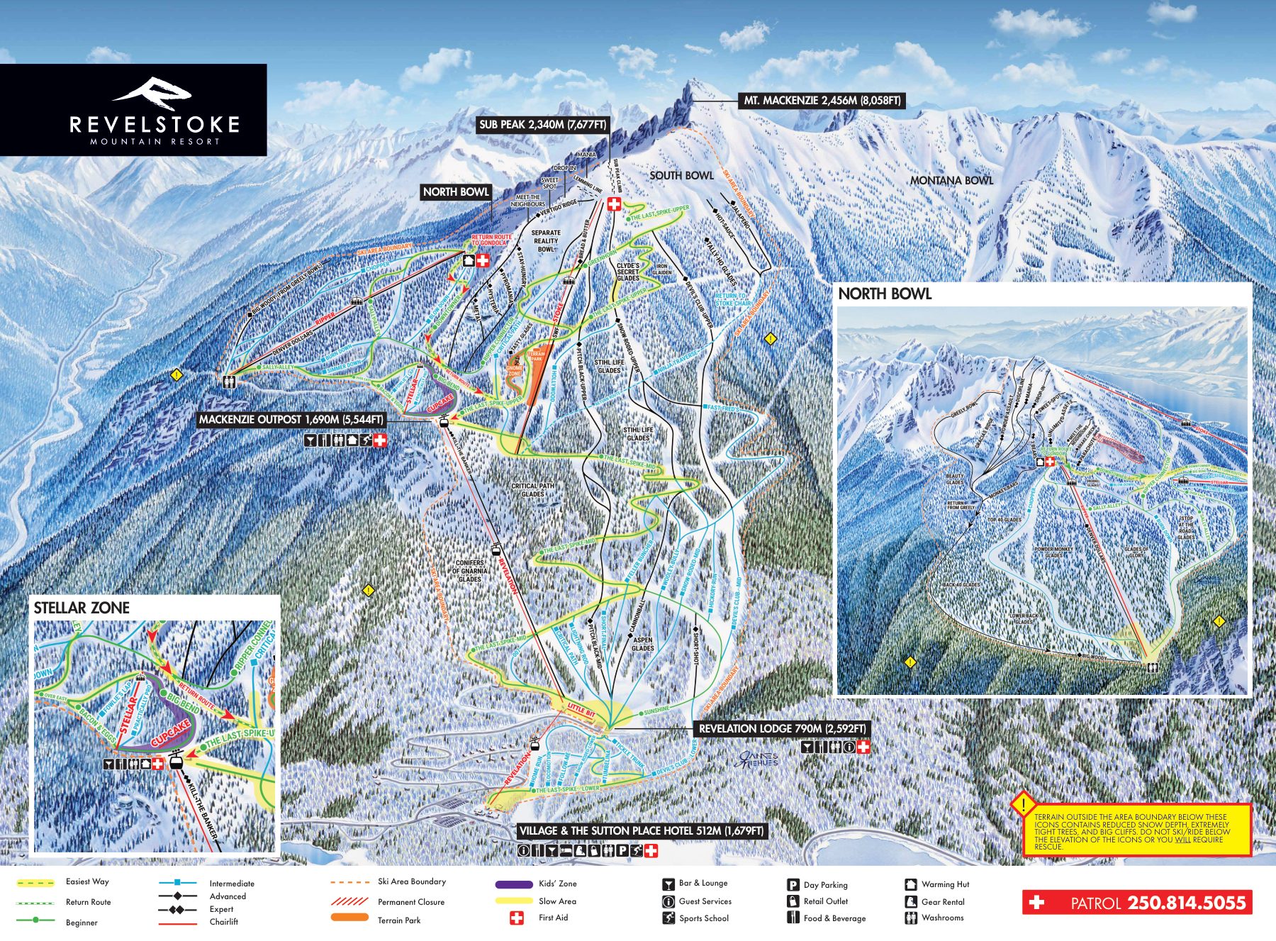 Oficjalna mapa tras – Revelstoke, sezon 2025/26, ze wszystkimi trasami, wyciągami i sektorami