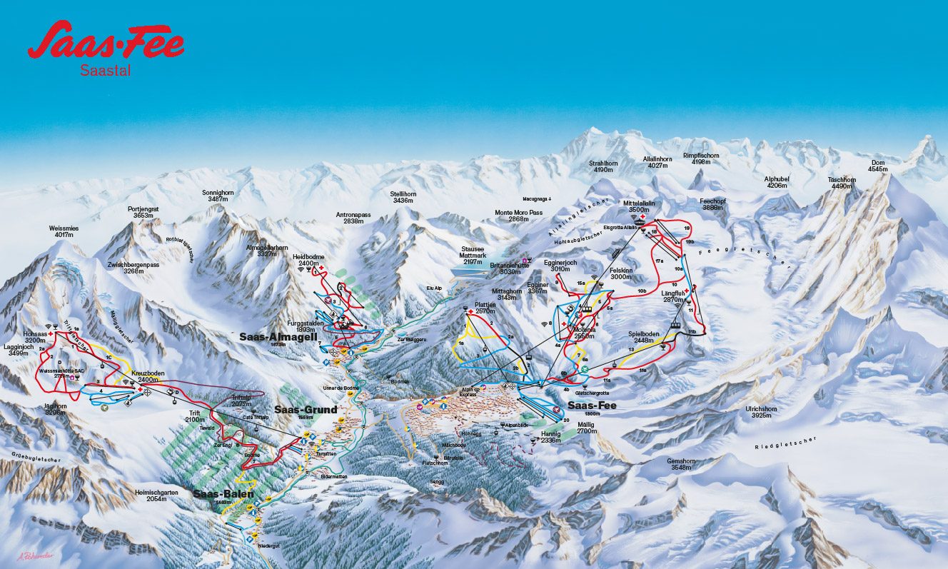 Oficjalna mapa tras – Saas-Fee, sezon 2023/24, ze wszystkimi trasami, wyciągami i sektorami