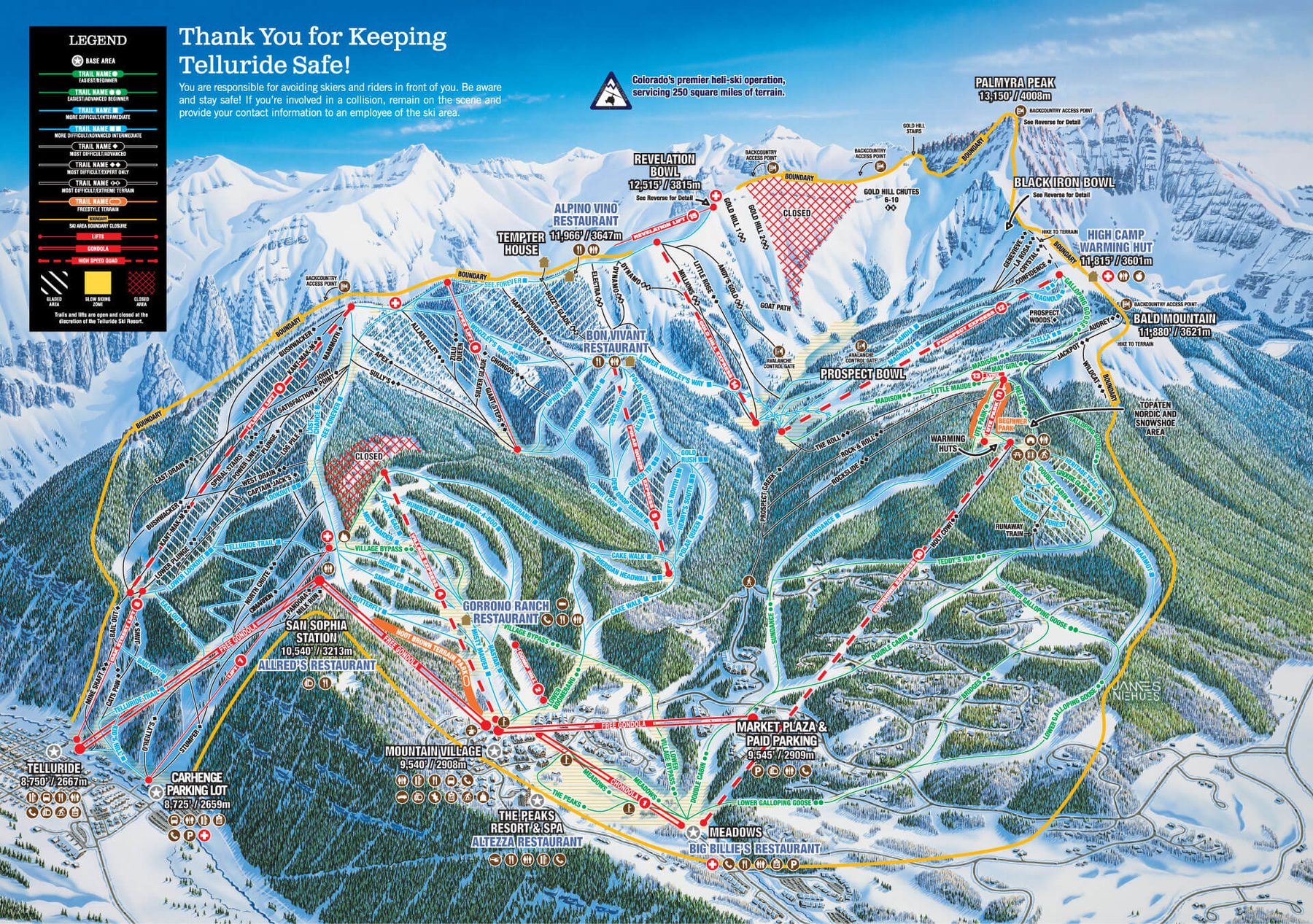 Plan officiel des pistes de Telluride pour la saison 2024/25, avec toutes les pistes, remontées et secteurs
