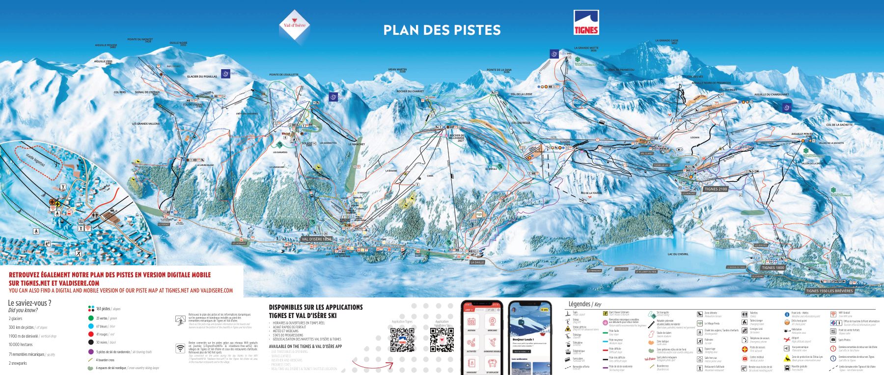 Official Val d'Isère trail map, showing all trails, lifts and sectors