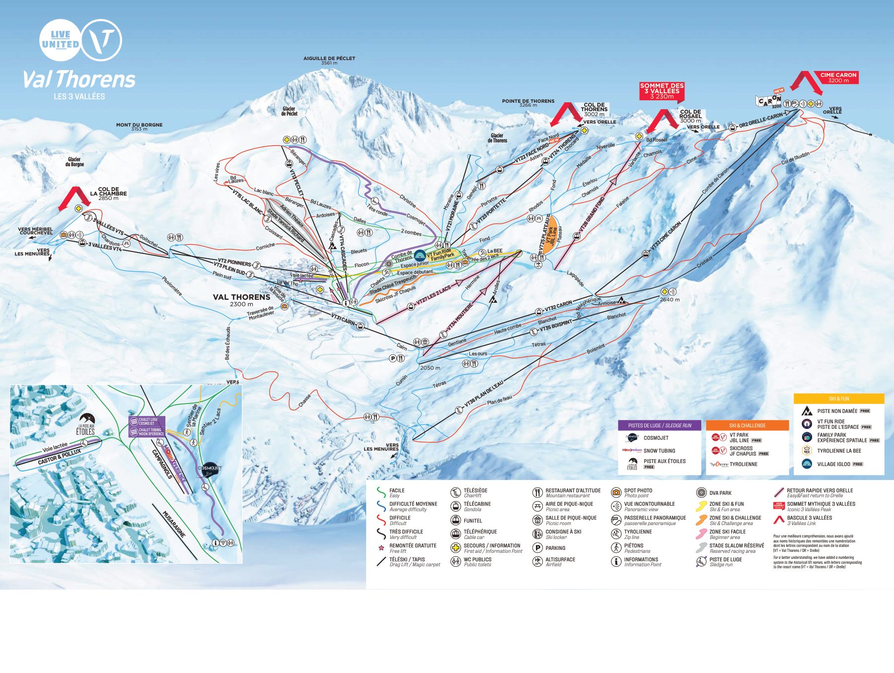Mapa oficial de pistas de Val Thorens, con todas las pistas, remontes y sectores