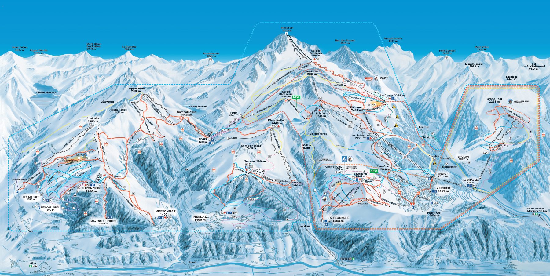 Plan officiel des pistes de Verbier, avec toutes les pistes, remontées et secteurs
